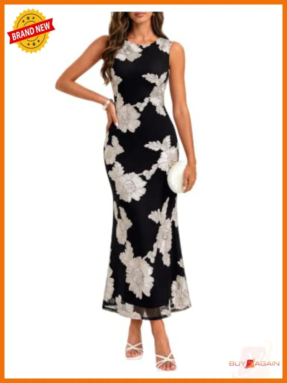 Sleeveless Mesh Bodycon Midi Dress Floral Applique Wedding Guest